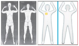 These two sets of images provided by the Transportation Security Administration are samples that show details of what TSA officers see on computer monitors when passengers pass through airport body scanners. At left are two images using backscatter advanced image X-ray technology from the huge scanners that were introduced in 2010 at O'Hare International Airport in Chicago and other airports. At right are images from new scanners using new millimeter wave technology that produces a cartoon-like outline rather than naked images of passengers produced by using X-rays.