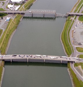 Motorists use another bridge to detour across the Skagit River in Mount Vernon.