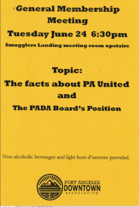 Flier delivered to downtown merchants in Port Angeles inviting them to tonight's meeting.