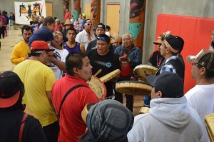 Tribal members from Washington state and British Columbia gather for traditional songs at the Quilueute tribe's A-Ka-Lat Center in LaPush on Monday. Joe Smillie/Peninsula Daily News
