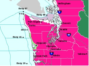 Area in red shows covers areas of Western Washington under which a red-flag warning for extreme fire danger — mainly because of the possibility of lightning — exists until 5 p.m. today. National Weather Service