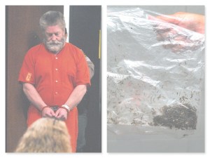 Barry Swegle at a court hearing in July. A Clallam County corrections deputy holds the bag brought into the courtroom Wednesday. Peninsula Daily News
