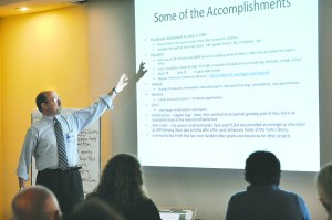 Forks City Attorney Rod Fleck discusses broadband service at a meeting last week in Forks on planning for extending access to rural areas. Lonnie Archibald/for Peninsula Daily News
