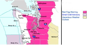 The bright pink area designates the "red flag warning" for the Olympics' eastern flank and foothills above Sequim and Port Angeles. National Weather Service