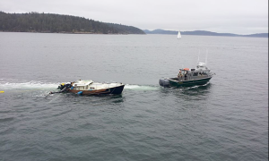 Sailboat after the collision with the state ferry Hyak. The 25-foot sailboat later sank. KOMO-TV