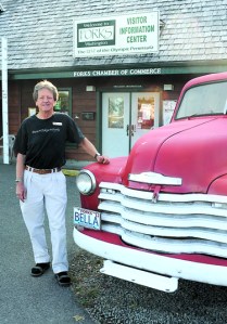 Mike Gurling poses with "Bella's truck" outside the Forks visitor center. Lonnie Archibald/for Peninsula Daily News