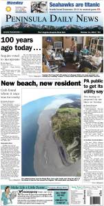 Today's Clallam County front page. The PDN also has an edition tailored just for its Jefferson County readers. (Click on image to enlarge)