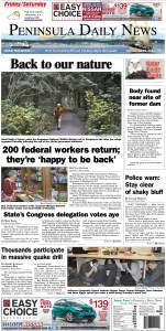 Today's Jefferson County front page. The PDN also has an edition tailored just for its Clallam County readers. (Click on image to enlarge)