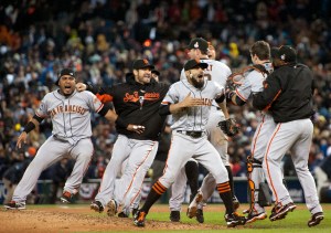 The San Francisco Giants celebrate defeating the Detroit Tigers in Game 4 of baseball's World Series on Sunday. The Giants won the World Series 4-0. Paul Kitagaki Jr./The Associated Press