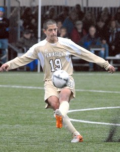 Peninsula's Santiago Sierra gets rid of the ball during a recent match against Highline at Wally Sigmar Field in Port Angeles. The Pirate men host an NWAC playoff game against Pierce College at Sigmar Field today at 1 p.m. Keith Thorpe/Peninsula Daily News