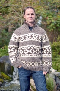Powell Jones models the Cowichan wool sweater that will be raffled off at the Holiday Nature Mart. Dungeness River Audubon Center