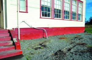 Damage to the Old Dungeness Schoolhouse north of Sequim is seen on Tuesday. Keith Thorpe/Peninsula Daily News