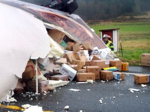 Food spills from a wrecked Safeway truck near Chimacum after Monday's accident. Charlie Bermant/Peninsula Daily News