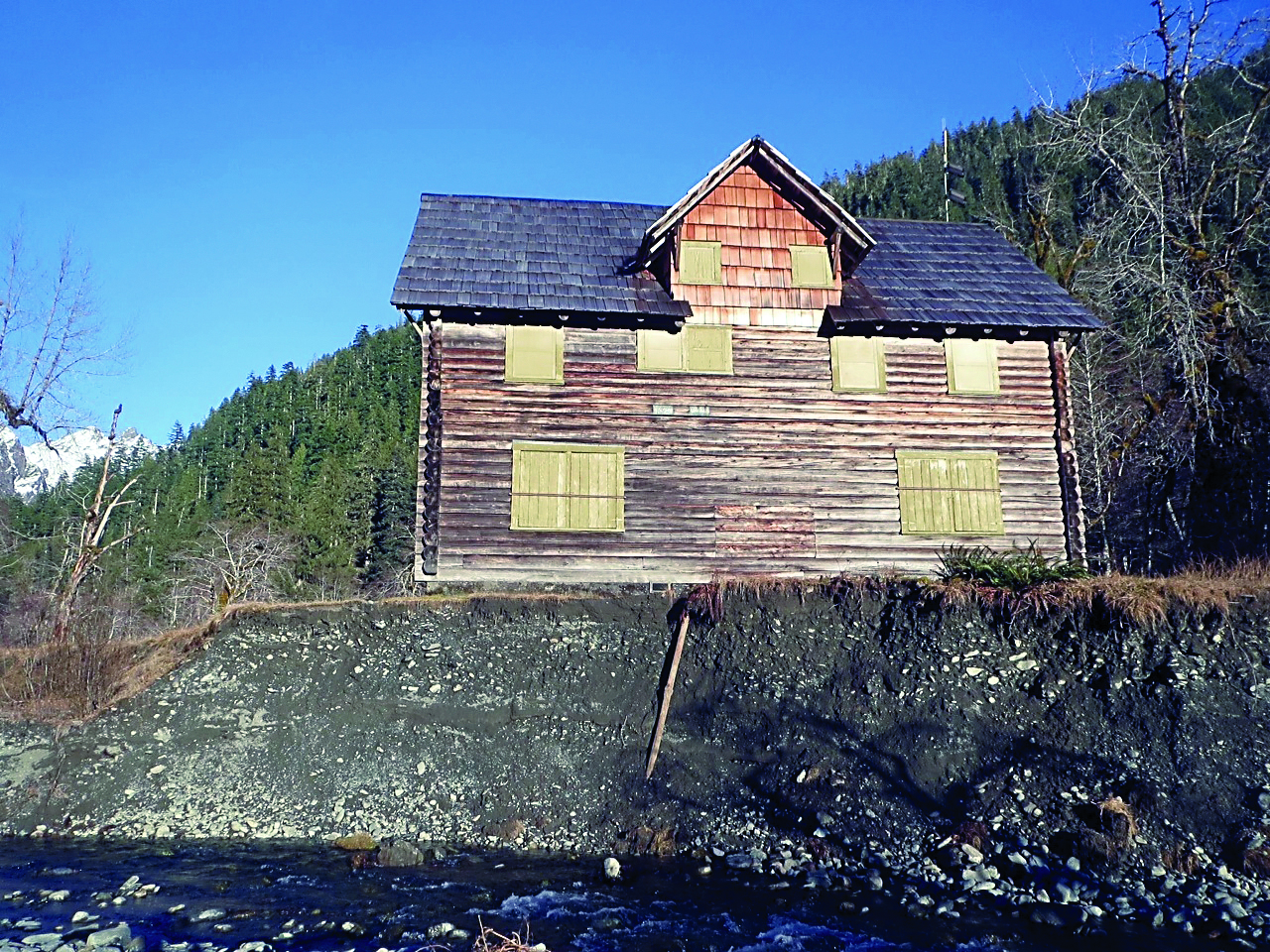 The Enchanted Valley Chalet in Olympic National Park is now dangerously close to the Quinault River after the waterway altered its course.  Olympic National Park