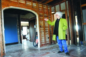 Captain Joseph House Foundation founder Betsy Reed Shultz points out renovations being done in the kitchen area of what was formerly the Tudor Inn in Port Angeles. — Keith Thorpe/Peninsula Daily News