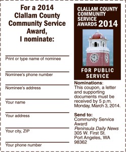 Wanted: A few good Clallam County heroes for Community Service Award (HURRY — Deadline is 5 p.m. today)