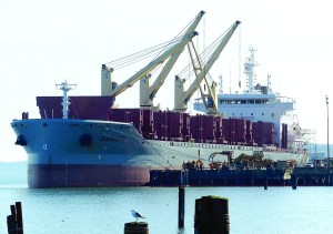 The bulk cargo ship Zambesi as she starts taking on logs Monday morning at the Port of Port Angeles' Terminal 3. David G. Sellars/for Peninsula Daily News