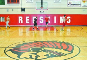 The Port Townsend High School Redskins mascot is shown on the floor of the school's gym. — Charlie Bermant/Peninsula Daily News