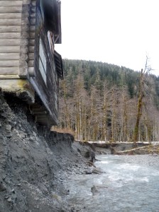 The Enchanted Valley Chalet in Olympic National Park has been undercut by the East Fork of the Quinault River.  Olympic National Park