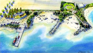 Architects rendering of Port Angeles proposed West End Park looking south shows Oak Street at the left and Valley Creek Estuary Park at the upper right.  [Studio Cascade Inc.]