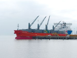 Global Heart is shown at Terminal 3 in the Port of Port Angeles. The oil tanker Polar Discovery is in the right background at Terminal 1 North.  Photo by David G. Sellars/for Peninsula Daily News