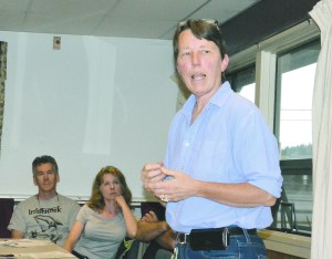 Karen Page addresses about 100 people Wednesday night