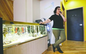 Cannabis City manager Amber McGowan takes the marijuana shops first call from a potential customer days before the grand opening last week in Seattle. The store expects to begin selling pot Tuesday.  The Associated Press
