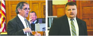 Defense attorney Richard Davies (with Superior Court Judge Keith Harper in the background) and Deputy Prosecuting Attorney Chris Ashcraft deliver their respective openings in Mondays retrial.  -- Photos by Charlie Bermant/Peninsula Daily News