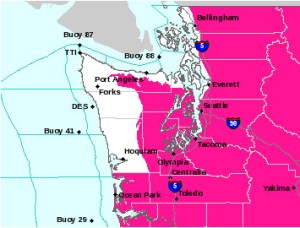 Red color on this National Weather Service map shows the area of the red-flag warning because of possible thunderstorms and lightning starting this evening and lasting through most of Tuesday.