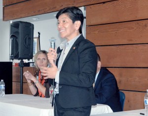 Washington State Supreme Court Justice Mary Yu speaks to a group on Friday night about legal issues. At left is Justice Debra Stephens. Photo by Charlie Bermant/Peninsula Daily News