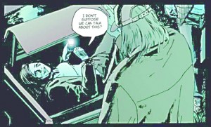 Comic heroine Dex Parios tries to woo her way out of the trunk of a car in this scene drawn by Matthew Southworth in the Stumptown comic book. Southworth will be featured guest at a comic book swap meet in Chimacum on Saturday.