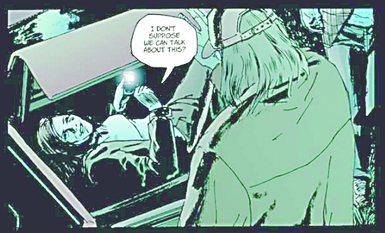 Comic heroine Dex Parios tries to woo her way out of the trunk of a car in this scene drawn by Matthew Southworth in the Stumptown comic book. Southworth will be featured guest at a comic book swap meet in Chimacum on Saturday.