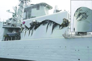 Canadian military photos show damage to the destroyer HMCS Algonquin and to the bow of the fleet oiler HMCS Protecteur (inset).  -- Photos by Master Cpl. Angela Abbey/Royal Canadian Navy