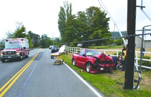 A Port Townsend woman was airlifted to Harborview Medical Center after her truck struck a telephone pole Monday.  East Jefferson Fire-Rescue