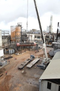 A faulty boiler that delayed Nippon Paper Industries $85 million biomass cogeneration plant operations is carried by a crane earlier this year.  Nippon Paper Industries USA photo