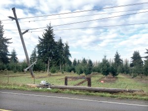 A head-on collision this morning sheared this power pole on Kitchen Dick Road near Sequim and caused an outage for more than 10