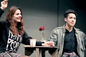 Drama Club students Annie Robertson and Senator Atwater portray a pair falling in love in a cafe in “All in the Timing