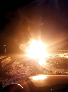A Chevrolet Silverado 2500 is consumed by flames Wednesday evening on Elwha River Road west of Port Angeles. Clallam County Fire District No. 2