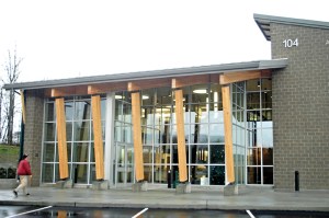 A customer walks into the Clallam County Public Utility District's new administrative office in Carlsborg on Thursday. The public is invited to a ribbon-cutting ceremony at 10 a.m. Saturday. Chris McDaniel/Peninsula Daily News
