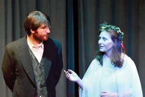 Ebenezer Scrooge (Josh McLean) listens and learns from a ghost (Sharah Truett) in “A Special Christmas