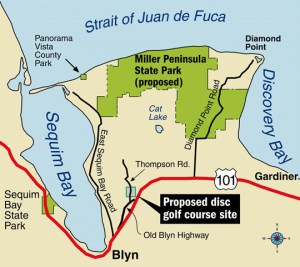 A map shows where the proposed disc golf course will sit on Thompson Road in Blyn. — Keith Thorpe/Peninsula Daily News