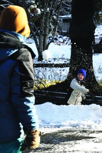 A snowball is chucked from a partially built fort by Melyssa Whiting