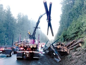 Logs spilled from a truck trailer that drifted off U.S. Highway 101 and became stuck near Laird's Corner west of Port Angeles are picked off the side of the road. No one was hurt in the early Friday mishap. Mike DeRousie/Clallam County Fire District No. 2