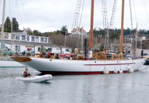 The schooner Adventuress was lowered into the water and moved Friday to Point Hudson