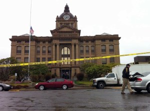 Authorities are searching for the man who stabbed a Superior Court judge and shot a sheriff's deputy in the Grays Harbor County Courthouse in Montesano. Mark Harrison/The Seattle Times (via Associated Pr