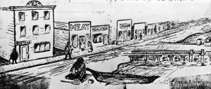 This sketch of Port Angeles around 1862 appeared in a Victoria newspaper. Note the name "Smith" at the top of the Customs House building at left. Clallam County Historical Society