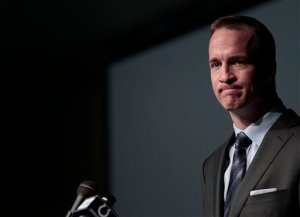 Peyton Manning at Wednesdays news conference in Indianapolis.  (Associated Press photo)