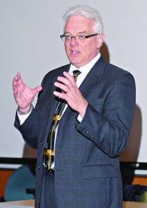 Luke P. Robins addresses an audience during his visit to the North Olympic Peninsula last month. The Louisiana academician has been selected as Peninsula Colleges sixth president.  -- Peninsula Daily News photo