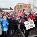 Marchers filling Pope Marine Park in Port Townsend listen to speeches during the 90-minute program. (Jeannie McMacken/for Peninsula Daily News)