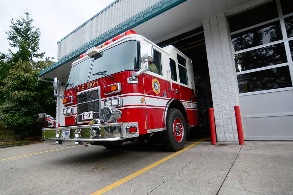 Engine 91 from Naval Magazine Indian Island leaves the station. (Jesse Major/Peninsula Daily News)